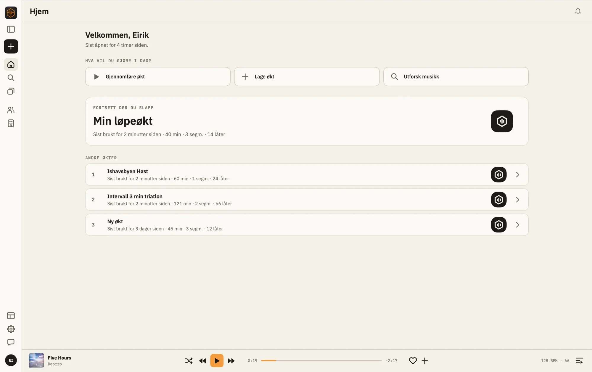 Hjem-skjermen i Beatform Studio på Mac med øktene dine og Fortsett der du slapp.