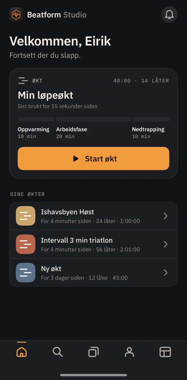 Hjem på iPhone med neste økt og dine økter.