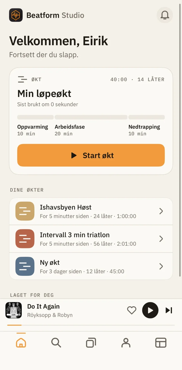 Beatform Studio på iPhone: Min løpeøkt klar med faser og Start økt.