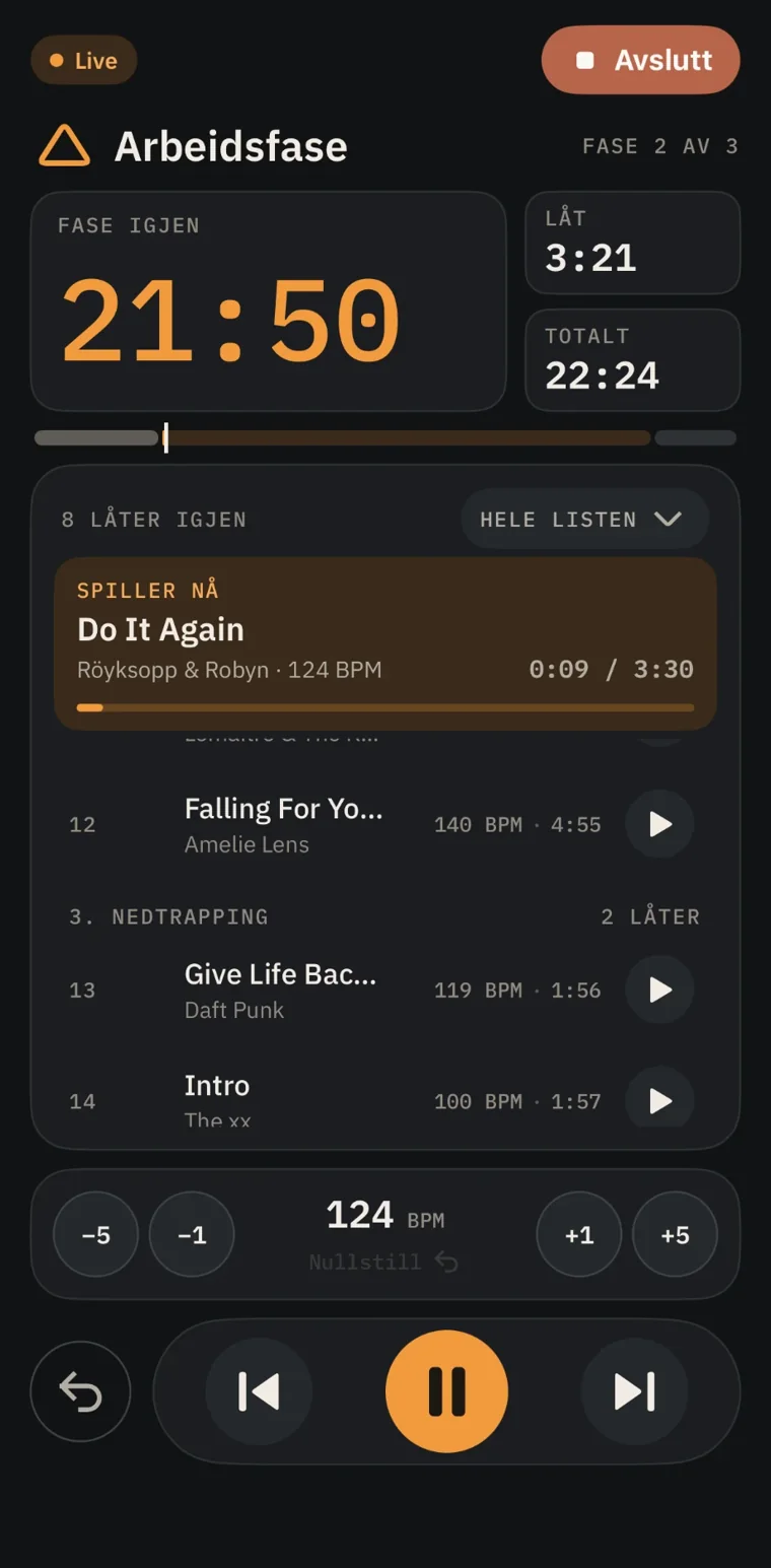Live-modus på iPhone: Arbeidsfase med 21:50 igjen, låten som spiller og tempokontroll.